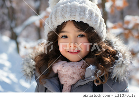 portrait of a child girl enjoying snow and winter 131070112