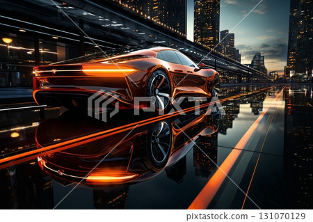 futuristic car on a glossy road, transport of the future, city streets 131070129