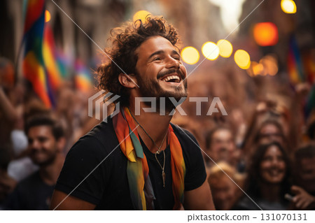portrait of a girl at a gay pride parade, happy and joyful emotions with friends, LGBT concept 131070131