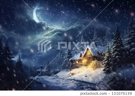 village street in winter season decorated for Christmas or New Year holiday, beautiful view of exteriors of houses , snow, sunset, street lights, festive environment 131070139