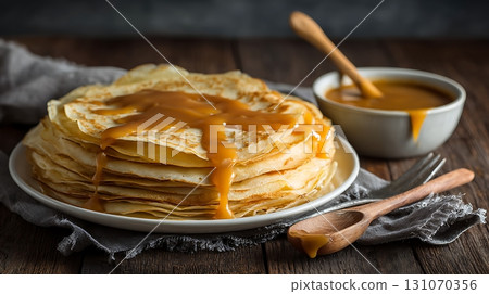 Stack of Pancakes with Caramel Sauce Drizzle and Wooden Spoon Stack of Pancakes with Caramel Sauce Drizzle and Wooden Spoon 131070356