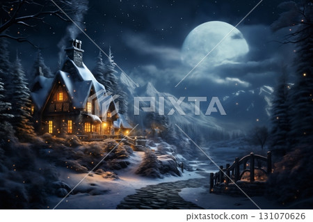 village street in winter season decorated for Christmas or New Year holiday, beautiful view of exteriors of houses , snow, sunset, street lights, festive environment village street in winter season decorated for Christmas or New Year holiday, beautiful view of exteriors of houses , snow, sunset, street lights, festive environment 131070626