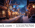 beautiful view of village street in winter, exteriors of houses decorated for Christmas or New Year holiday, snow, street lights, festive environment 131070700