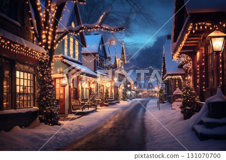 beautiful view of village street in winter, exteriors of houses decorated for Christmas or New Year holiday, snow, street lights, festive environment 131070700