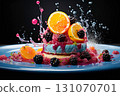 fruit dessert with sauce splashes, serving on a plate, dark background, delicious and beautiful food 131070701