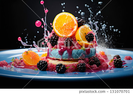 fruit dessert with sauce splashes, serving on a plate, dark background, delicious and beautiful food 131070701
