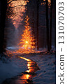 Christmas tree with decoration and illumination in evening forest, New Year's holidays, sunset, winter season 131070703