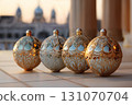 close-up of glass balls with ornaments on the festive background of the mosque, evening sky 131070704