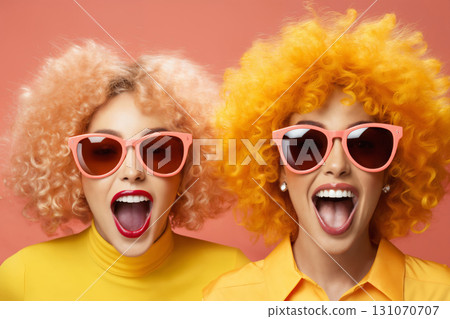 portrait of two fashionable girls with hair and glasses, surprised, in bright yellow clothes, on a pink background 131070707