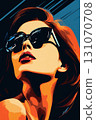 Portrait of a beautiful fashionable woman with a hairstyle and sunglasses, orange and blue color background. Illustration, poster in style of the 1960s 131070708