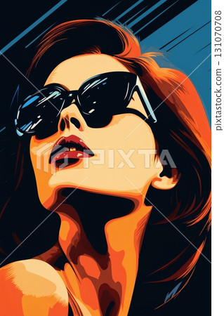 Portrait of a beautiful fashionable woman with a hairstyle and sunglasses, orange and blue color background. Illustration, poster in style of the 1960s 131070708