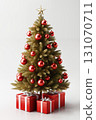 Christmas tree decorated for New Year's holiday, with gifts and balls, white background, winter season 131070711