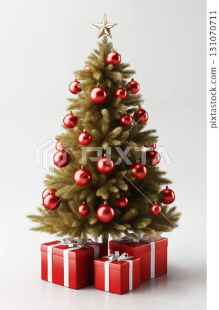 Christmas tree decorated for New Year's holiday, with gifts and balls, white background, winter season 131070711