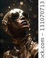 elaborate female dress with shiny gold head pieces and glasses, in the style of afrofuturism, mechanical realism, angelcore, captivating gaze, historical genre scenes 131070713