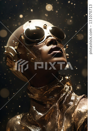 elaborate female dress with shiny gold head pieces and glasses, in the style of afrofuturism, mechanical realism, angelcore, captivating gaze, historical genre scenes 131070713