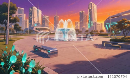 [Illustration Background] Futuristic park (evening) [4K] 131070794