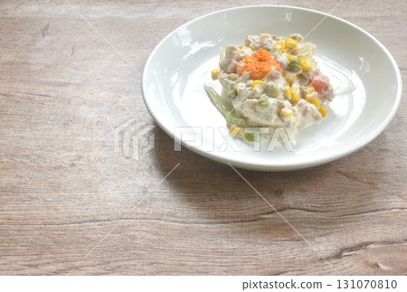 mashed tuna with corn and garden pea couple cabbage vegetable topping shrimp egg salad dressing cream sauce on plate mashed tuna with corn and garden pea couple cabbage vegetable topping shrimp egg salad dressing cream sauce on plate 131070810
