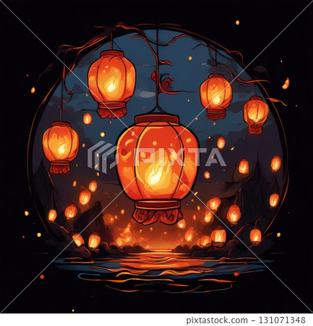 Lanterns Illuminating a Serene Night Near a Calm Reflective Pond an AI Image Generator, 131071348