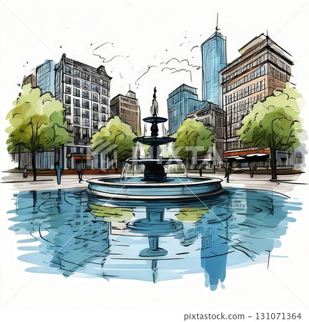 an AI Image Generator, Scenic Urban Park with Fountain Amidst Modern City 131071364