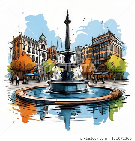 an AI Image Generator, Scenic Urban Park with Fountain Amidst Modern City 131071366