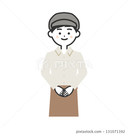 Illustration of a man wearing a hat and apron with his hands clasped in front of him 131071392