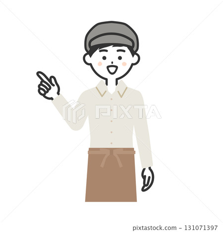 一名戴著帽子和圍裙的男子指著 131071397