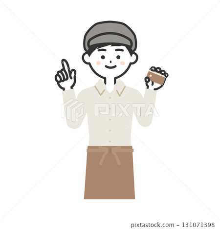 Illustration of a man wearing a hat and apron holding a card and pointing up Illustration of a man wearing a hat and apron holding a card and pointing up 131071398