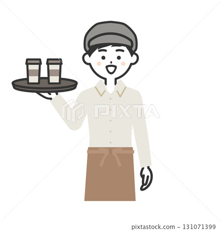 一名戴著帽子和圍裙的男子拿著托盤的插圖 一名戴著帽子和圍裙的男子拿著托盤的插圖 131071399
