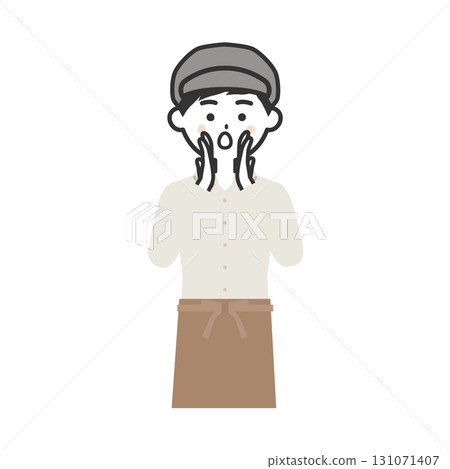 一名戴著帽子和圍裙的男子用手摀住嘴巴打電話的插圖 131071407