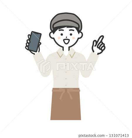 圖：一名戴著帽子和圍裙的男子手持智慧型手機並指向上方 131071413