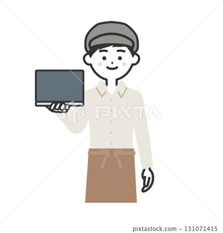 一名男子戴著帽子和圍裙，手裡拿著一台筆記型電腦的插圖 131071415