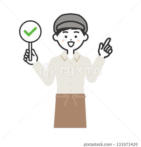 一名男子戴著帽子和圍裙,手裡拿著一個複選標記標籤的插圖 一名男子戴著帽子和圍裙,手裡拿著一個複選標記標籤的插圖 131071420