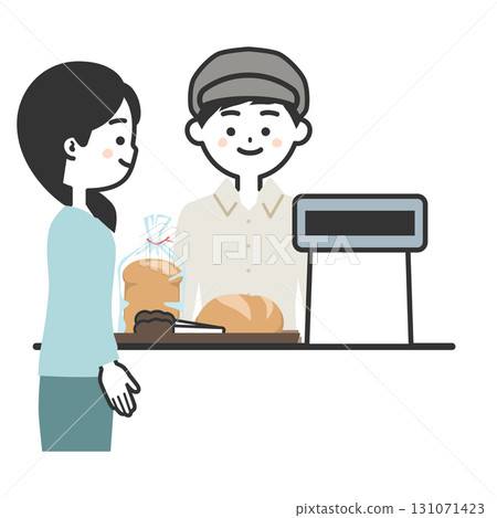 一位女性顧客購買麵包和一位戴著帽子和圍裙的男士的插圖 131071423
