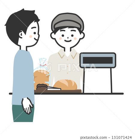 一位男性顧客購買麵包和一位戴著帽子和圍裙的男士的插圖 一位男性顧客購買麵包和一位戴著帽子和圍裙的男士的插圖 131071424