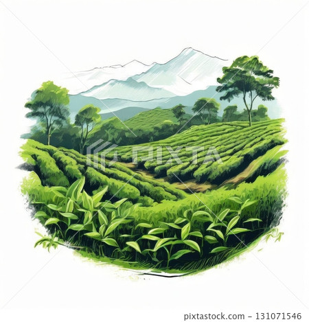 an AI Image Generator, Green Tea Plantation with Rolling Hills and Scenic Mountain Views 131071546