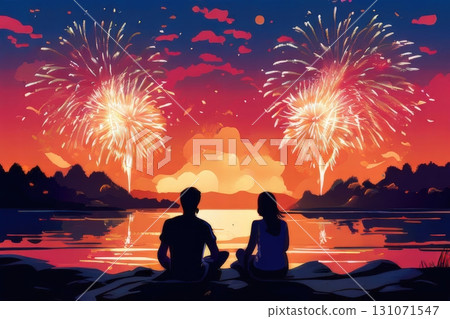 an AI Image Generator, Family Watching Fireworks Over a Lake at Sunset 131071547