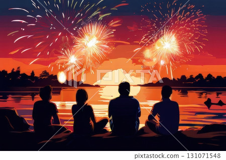 an AI Image Generator, Family Watching Fireworks Over a Lake at Sunset 131071548