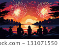 an AI Image Generator, Family Watching Fireworks Over a Lake at Sunset 131071550
