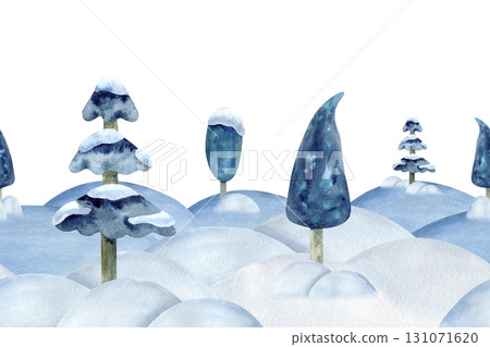 Watercolor winter forest landscape seamless border. Tree, snow on top, spruce, fir. Snowdrift isolated from background. Nature scenery. Christmas card, season packaging, decoration, children book 131071620