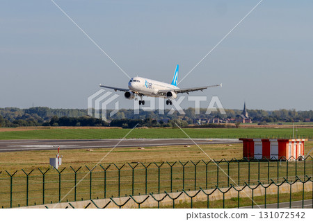 Belgium, Brussels Airport, Turkish airline AJet plane landing. Airbus A321. 131072542