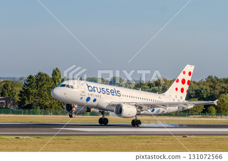 Belgium, Brussels Airport, Belgian Brussels Airlines aircraft landing, Airbus A319. Belgium, Brussels Airport, Belgian Brussels Airlines aircraft landing, Airbus A319. 131072566