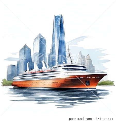 an AI Image Generator, Elegant Cruise Ship Docked in Urban Harbor an AI Image Generator, Elegant Cruise Ship Docked in Urban Harbor 131072754