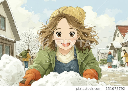 Miyu Series: Miyu shoveling snow on a local road 131072792