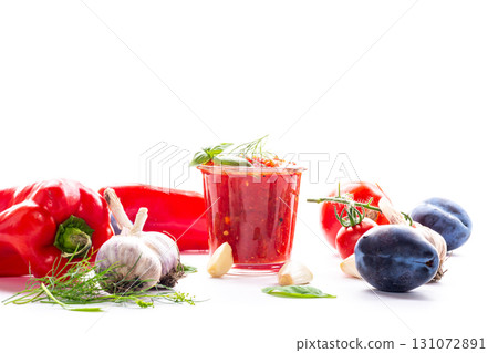 Organic red pepper and tomato sauce with fresh herbs Organic red pepper and tomato sauce with fresh herbs 131072891
