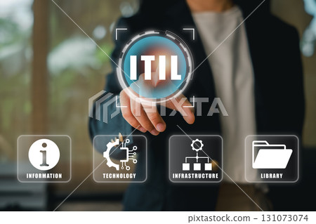 Business professional engaging with ITIL framework, showcasing digital transformation and IT service management concepts. 131073074