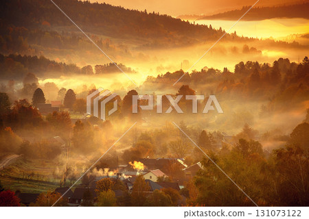 Morning mountain landscape, autumn seasonal background, amazing sunrise Morning mountain landscape, autumn seasonal background, amazing sunrise 131073122