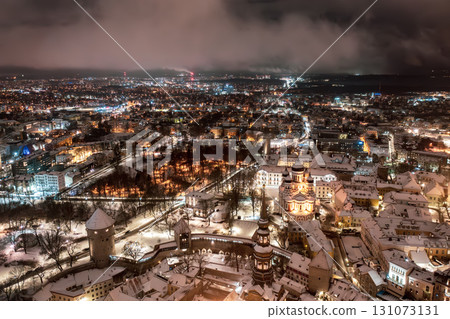 Aerial night View of Tallinn in winter with Alexander Nevsky Cathedral, roofs with snow, Christmas mood Aerial night View of Tallinn in winter with Alexander Nevsky Cathedral, roofs with snow, Christmas mood 131073131