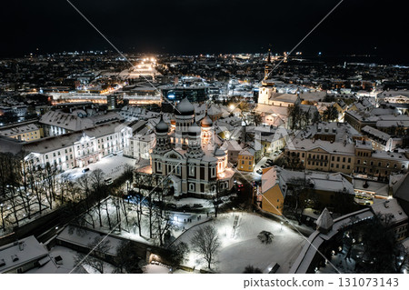 Aerial night View of Tallinn in winter with Alexander Nevsky Cathedral, roofs with snow, Christmas mood Aerial night View of Tallinn in winter with Alexander Nevsky Cathedral, roofs with snow, Christmas mood 131073143