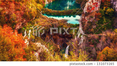 Autumn colors and waterfalls of Plitvice National Park in Croatia, seasonal colorful background Autumn colors and waterfalls of Plitvice National Park in Croatia, seasonal colorful background 131073165