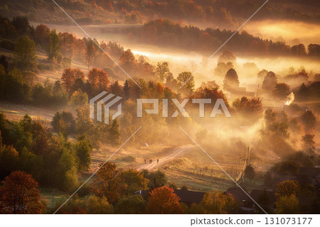 Morning mountain landscape, autumn seasonal background, amazing sunrise 131073177